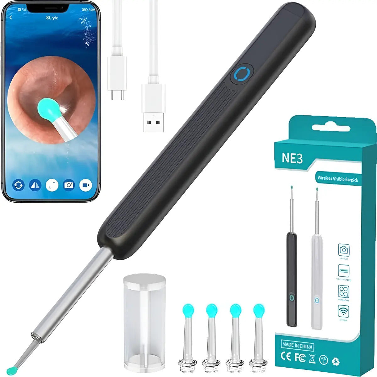 Kit completo limpiador de oidos con puntas de silicona intercambiables